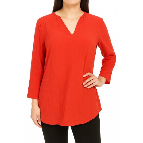 Womens Cristina B. Red V-Neck Top Linen-like Texture Long Sleeve Lagenlook M - Picture 1 of 11